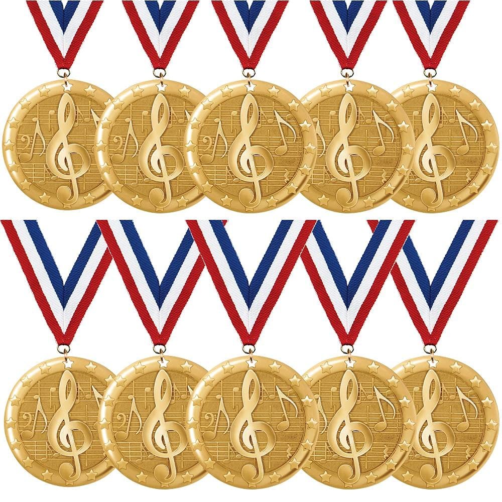 Crown Awards Music Medals - Sold in Packs of 10-2" Shiny Gold Music Medals with Ribbon Prime