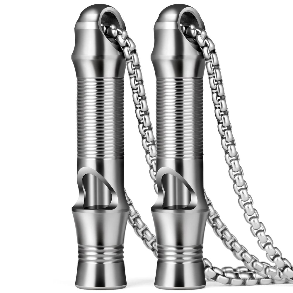 TISUR Titanium Emergency Keychain Necklace Whistle,EDC Safety Whistles for Women and Kids,Loud up to 120db, Survival Whistles for Hiking,Camping,Pets Training (2pcs Silver)