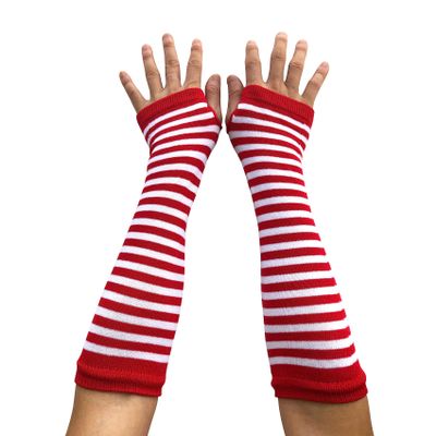 SYAYA Women Striped Long Fingerless Gloves, Winter Knitted Arm Warmers For Punk Rock/Cosplay/Goth/Christmas Party WM-S-G5 (White with Red Striped)