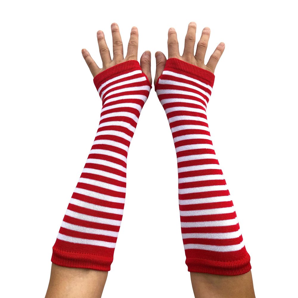 SYAYA Women Striped Long Fingerless Gloves, Winter Knitted Arm Warmers For Punk Rock/Cosplay/Goth/Christmas Party WM-S-G5 (White with Red Striped)