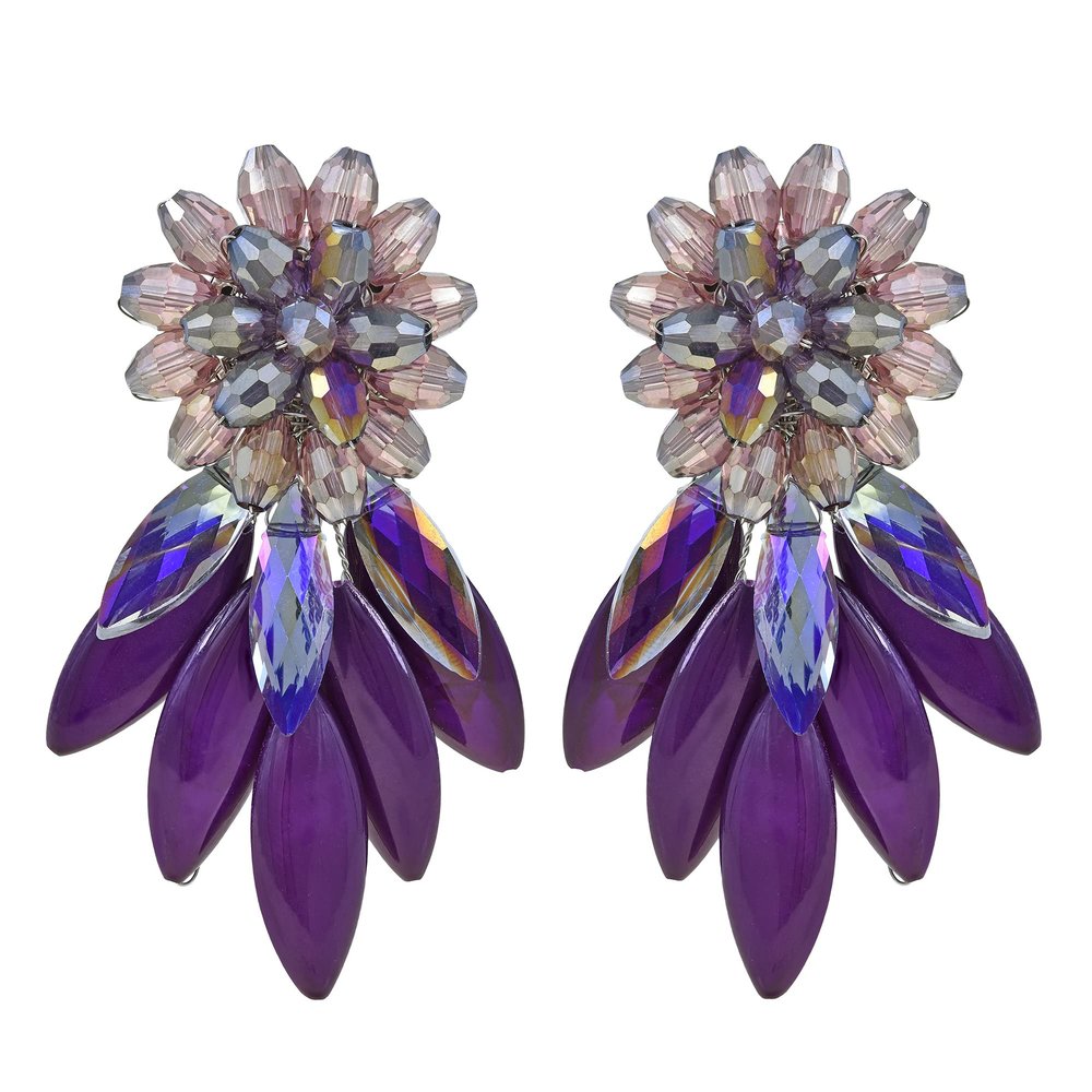 AeraVida Purple Cluster Crystal Bead and Mother of Pearl Stone Clip on Earrings | Large Pearl Earrings for Women