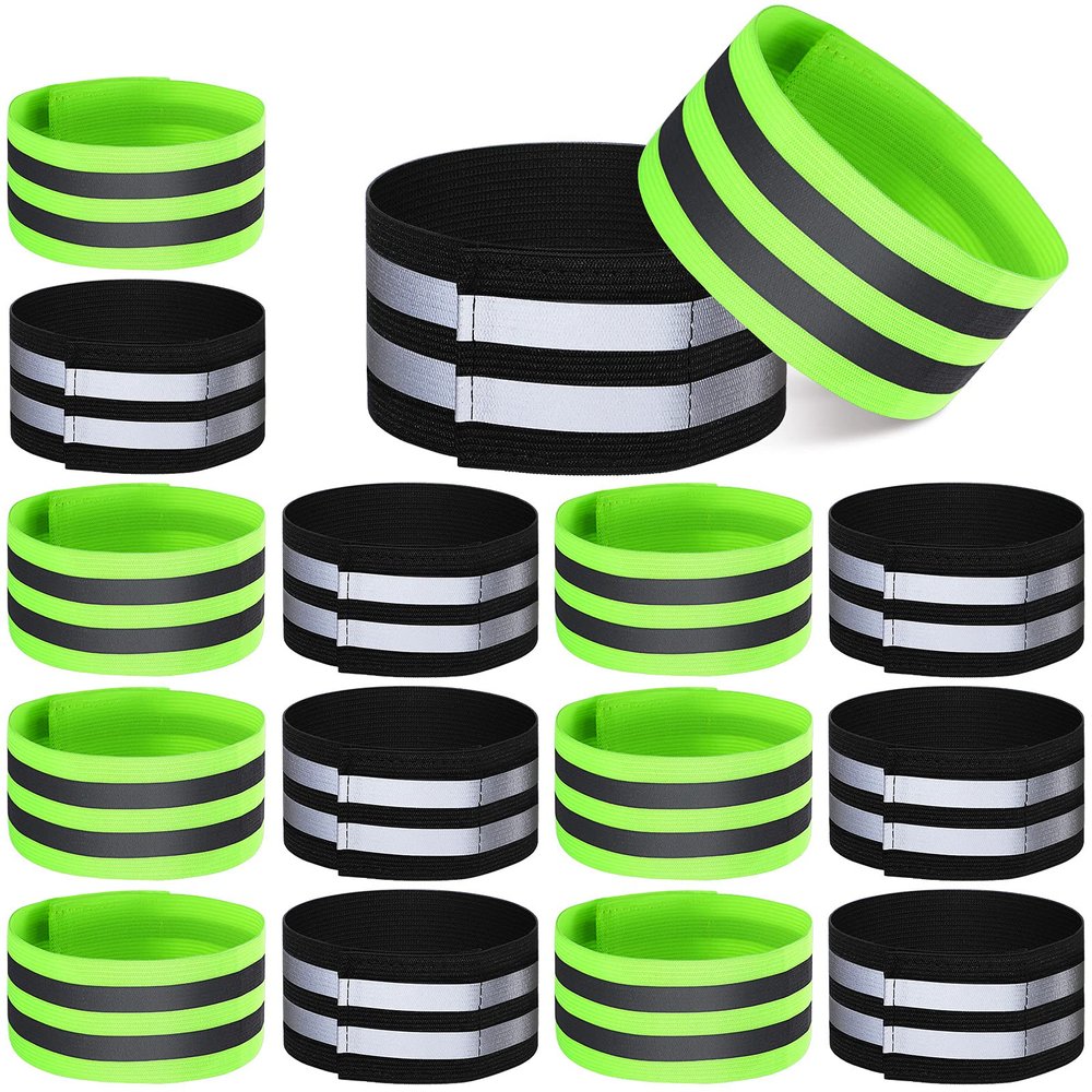 Gejoy 16 Pieces Reflective Bands Reflector Bands for Wrist, Arm, Ankle, Leg, High Visibility Reflective Gear Safety Reflector Tape Straps for Night Walking, Cycling and Running (Green, Black)