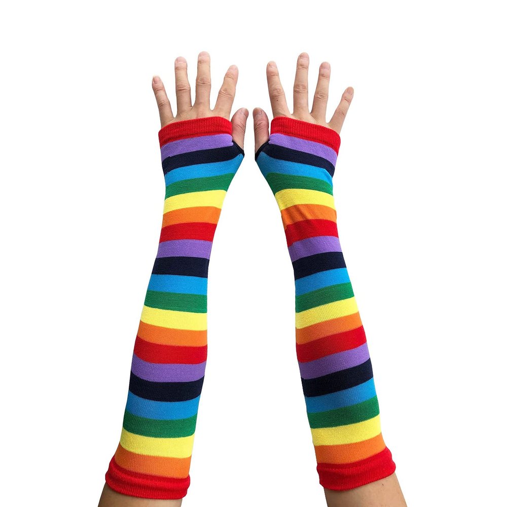 SYAYA Women Striped Long Fingerless Gloves, Winter Knitted Arm Warmers For Punk Rock/Cosplay/Goth/Christmas Party WM-S-G5 (Rainbow)