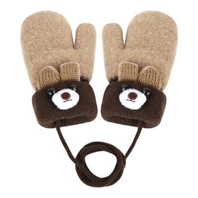 TINAYAUE Knitted Wool Gloves Winter Warm Fluffy Full Finger Mittens Cute Cartoon Gloves Thicken Velvet Hanging Neck Mittens 0-3 Y (beige)