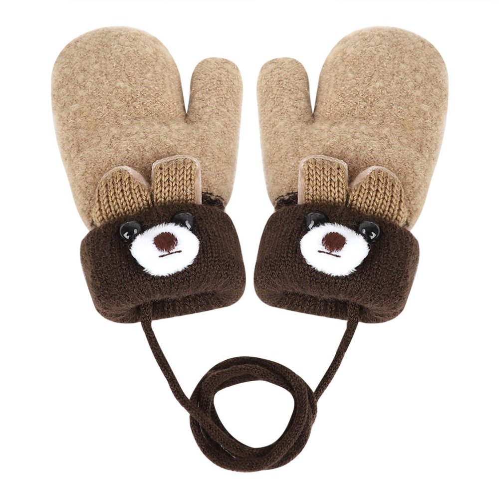 TINAYAUE Knitted Wool Gloves Winter Warm Fluffy Full Finger Mittens Cute Cartoon Gloves Thicken Velvet Hanging Neck Mittens 0-3 Y (beige)