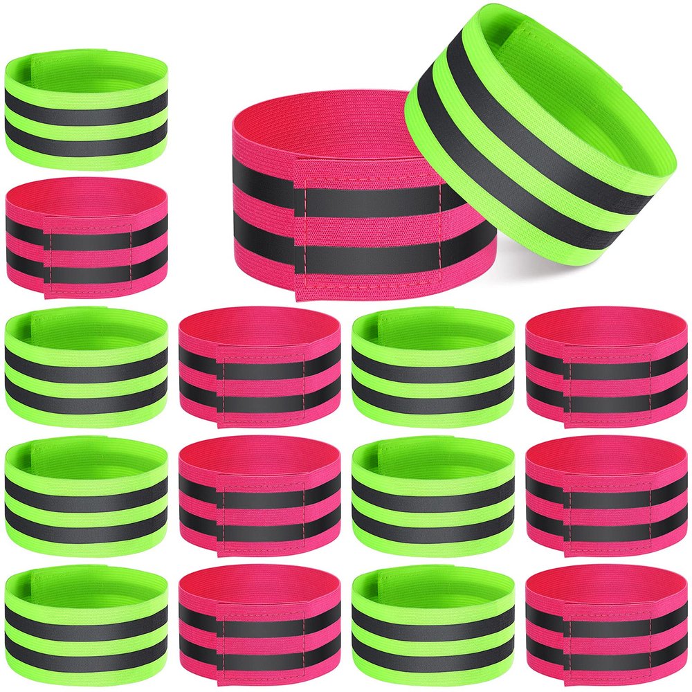 Gejoy 16 Pieces Reflective Bands Reflector Bands for Wrist, Arm, Ankle, Leg, High Visibility Reflective Gear Safety Reflector Tape Straps for Night Walking, Cycling and Running (Green, Pink)