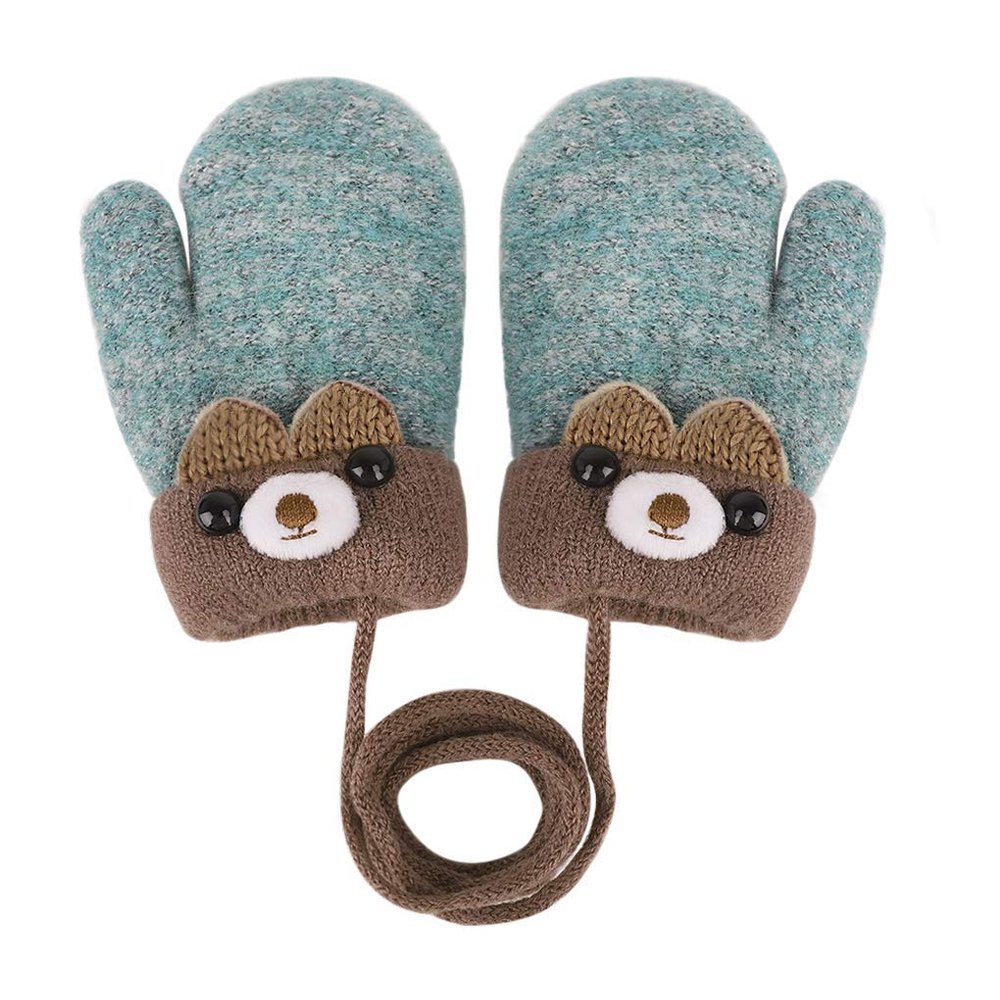TINAYAUE Knitted Wool Gloves Winter Warm Fluffy Full Finger Mittens Cute Cartoon Gloves Thicken Velvet Hanging Neck Mittens 0-3 Y