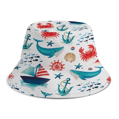 WIRESTER Reversible Bucket Hat Unisex Girl Women Men for Summer Outdoor Travel - Marine Boat Crab Pattern