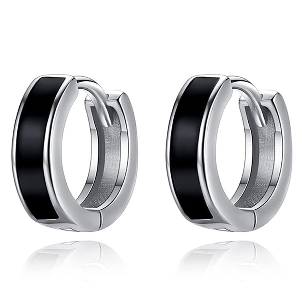 PRAYMOS Mens Earrings 925 Sterling Silver Black Small Huggie Hoop Earrings for Women Men Hypoallergenic -20mm