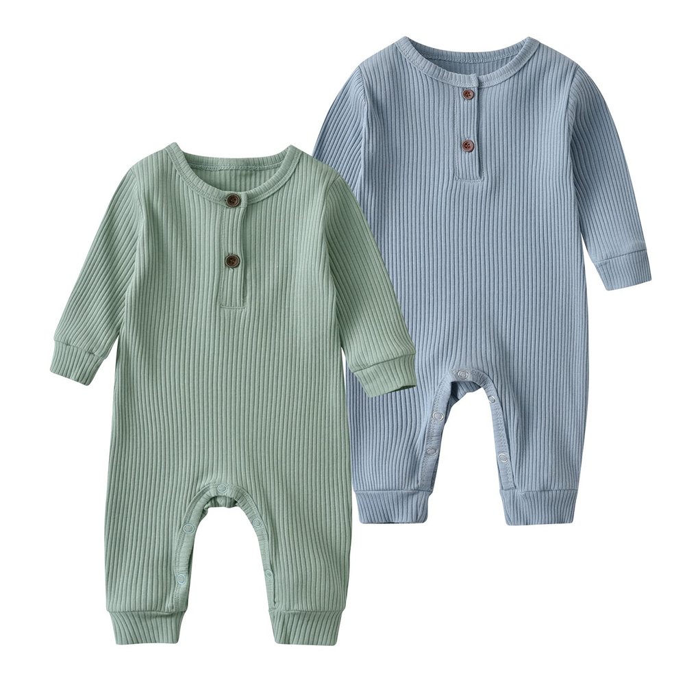 Baby Boy Girl 2 Pack Solid Romper Short/Long Sleeve One Piece Jumpsuits Clothes Sets (Blue & Light Green, 12-18 Months)