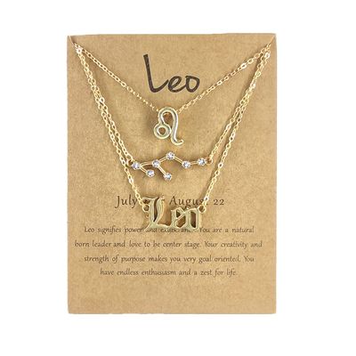 3Pcs Zodiac Gold Plated CZ Necklaces for Women Old English Necklace 12 Constellation Necklace Zodiac Sign Gifts for Women-Leo