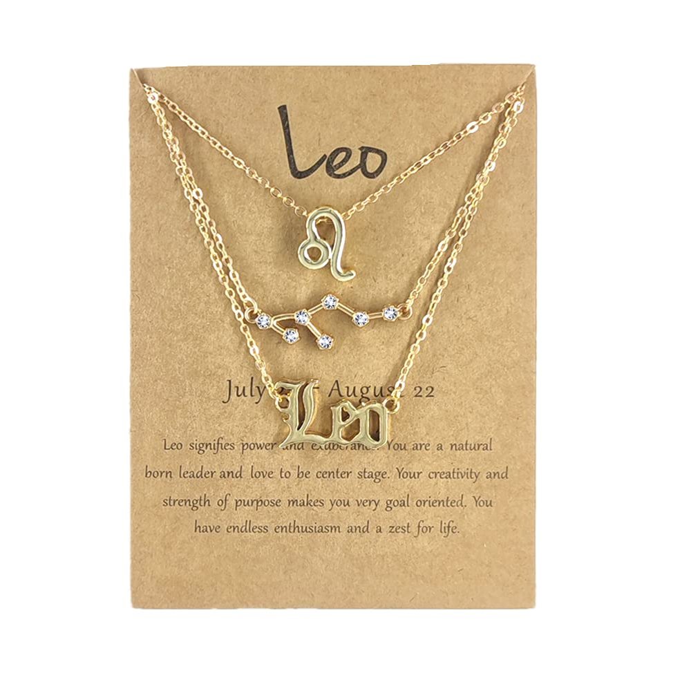 3Pcs Zodiac Gold Plated CZ Necklaces for Women Old English Necklace 12 Constellation Necklace Zodiac Sign Gifts for Women-Leo