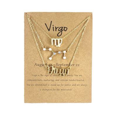 3Pcs Zodiac Gold Plated CZ Necklaces for Women Old English Necklace 12 Constellation Necklace Zodiac Sign Gifts for Women-Virgo
