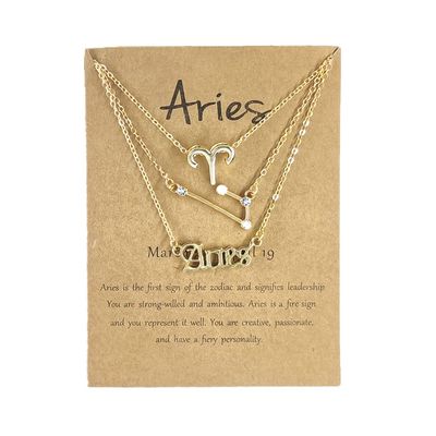 3Pcs Zodiac Gold Plated CZ Necklaces for Women Old English Necklace 12 Constellation Necklace Zodiac Sign Gifts for Women-Aries