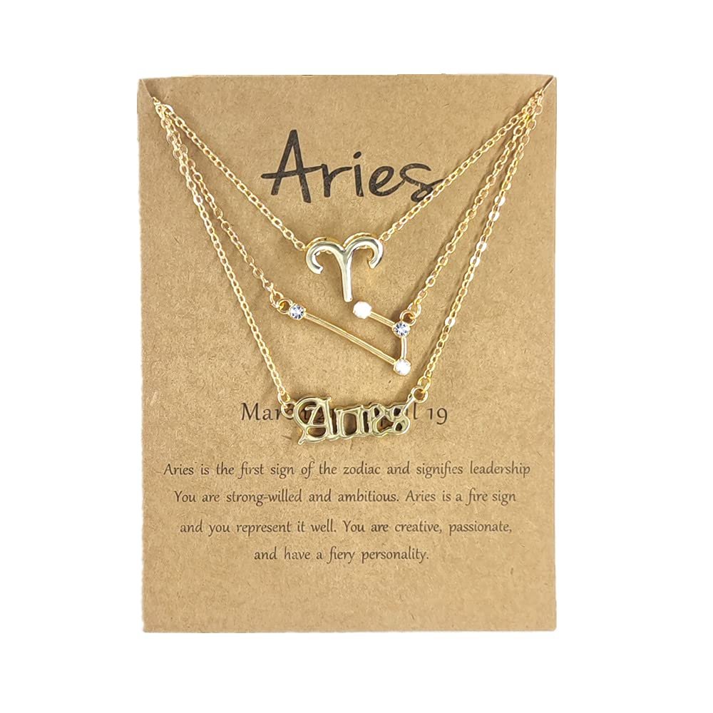 3Pcs Zodiac Gold Plated CZ Necklaces for Women Old English Necklace 12 Constellation Necklace Zodiac Sign Gifts for Women-Aries