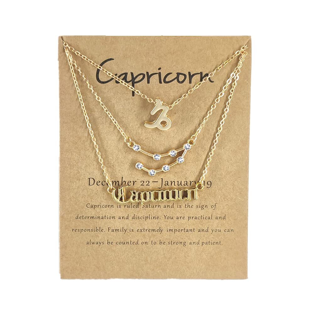 3Pcs Zodiac Gold Plated CZ Necklaces for Women Old English Necklace 12 Constellation Necklace Zodiac Sign Gifts for Women-Capricorn