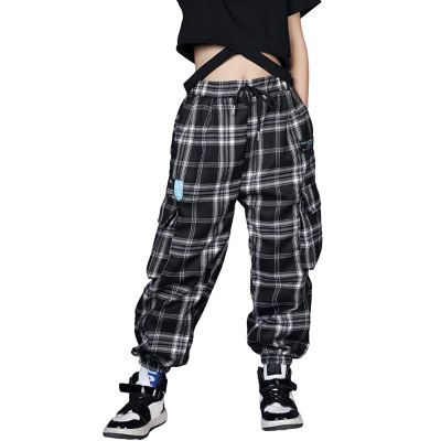 Rolanko Kids Girls Cargo Jogger Pants Streetwear Casual Loose Sweatpants Hip Hop Dance Clothes (Black Plaid, 8-10)