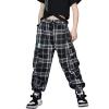 Rolanko Kids Girls Cargo Jogger Pants Streetwear Casual Loose Sweatpants Hip Hop Dance Clothes (Black Plaid, 8-10) view 4