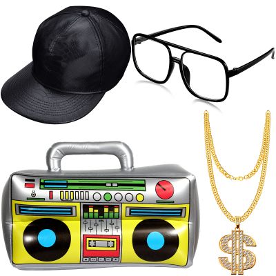 meekoo Halloween Hip Hop Costume 80s 90s Rapper Outfit Cosplay Accessories for Men Inflatable Boombox Baseball Cap(Black)