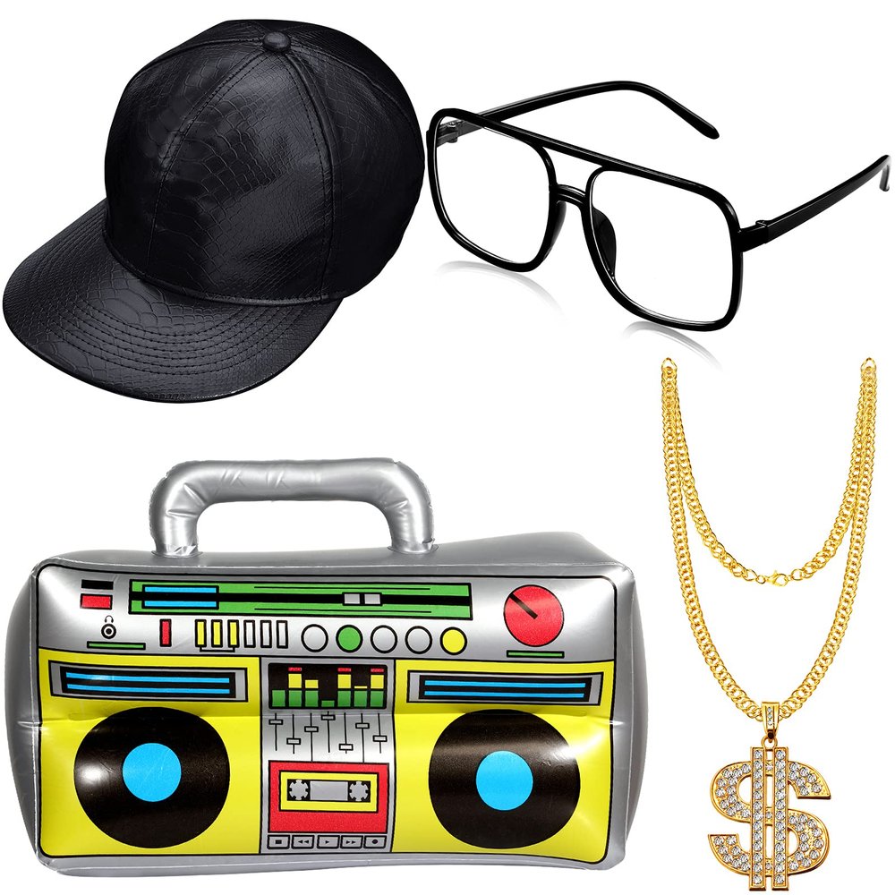 meekoo Halloween Hip Hop Costume 80s 90s Rapper Outfit Cosplay Accessories for Men Inflatable Boombox Baseball Cap(Black)