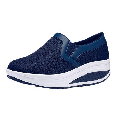 oiangi Women Wedge Shoes Breathable Mesh Sneakers Slip On Comfort Walking Shoes Fashion Casual Solid Color Round Toe Non-Slip Platform Sports Shoes Blue