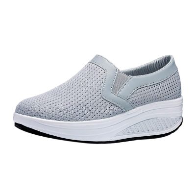 oiangi Women Wedge Shoes Breathable Mesh Sneakers Slip On Comfort Walking Shoes Fashion Casual Solid Color Round Toe Non-Slip Platform Sports Shoes Grey