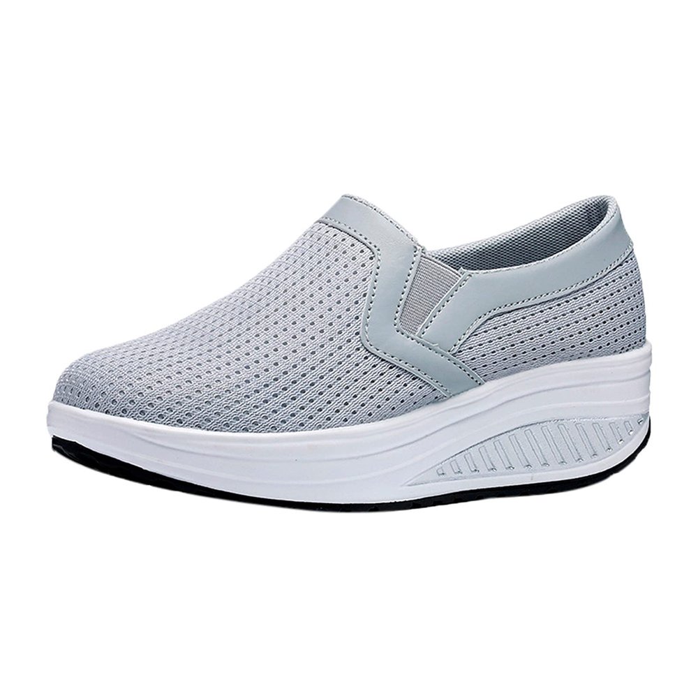 oiangi Women Wedge Shoes Breathable Mesh Sneakers Slip On Comfort Walking Shoes Fashion Casual Solid Color Round Toe Non-Slip Platform Sports Shoes Grey