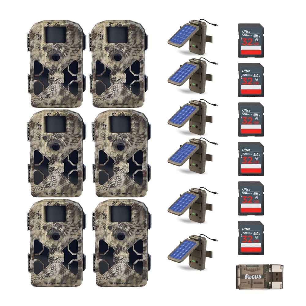Stealth Cam G42NG 32MP No Glow Trail Camera (Kryptek Camouflage) Bundle with Solar Power Panel, 32GB Memory Card,and All-in-One High Speed USB 2.0 Card Reader (6-Pack)