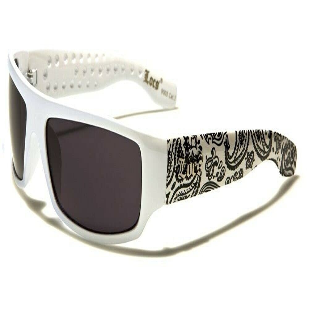 Locs Paisley Bandana Print Slim Rectangular Retro Wrap Around Sunglasses (White & White Bandana Frame, Black Lenses)
