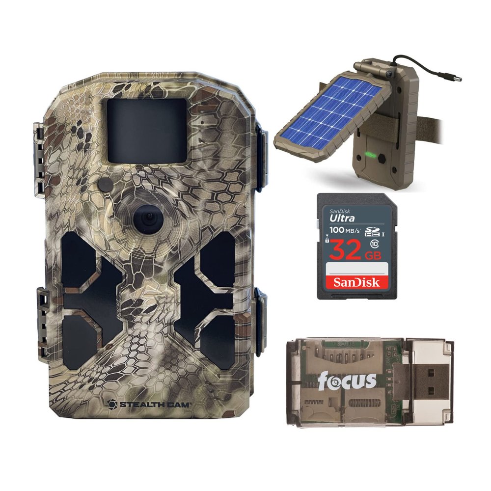 Stealth Cam 2022 G42NG 32MP No Glow Trail Camera (Kryptek Camouflage) Bundle with Solar Power Panel and 32GB Memory Card (4 Items)