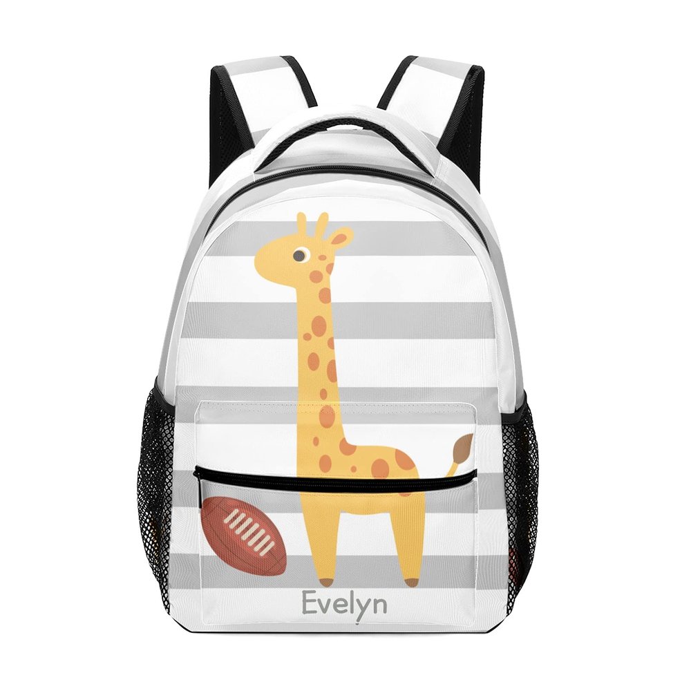 Giraffe Football Striped Grey Students Personalized School Backpack Bags Kids Backpack for Teen Boys Girls,Custom Travel Backpack Bookbag