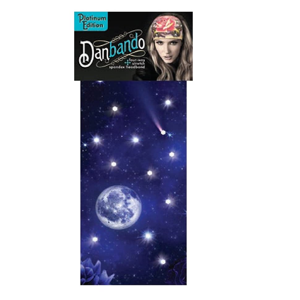 Capsmith Danbando Headband Head Wrap Bandanna Blue Purple Midnight Sky Stars Moon with Roses on Back with Rhinestones 4 Way Stretch Sweatband