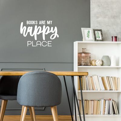 Vinyl Wall Art Decal - Books are My Happy Place - 17" x 25" - Modern Fun Positive Classroom Quote Sticker for Living Room Playroom School Library Educational Decor (White)