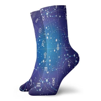 GULTMEE Astrology Funky Colorful Cushion Sport Socks,Constellation Of Zodiac And Planets Original,Athletic Cushioned Running Performance Crew Socks For Men/Women,Dark Blue -12 inch