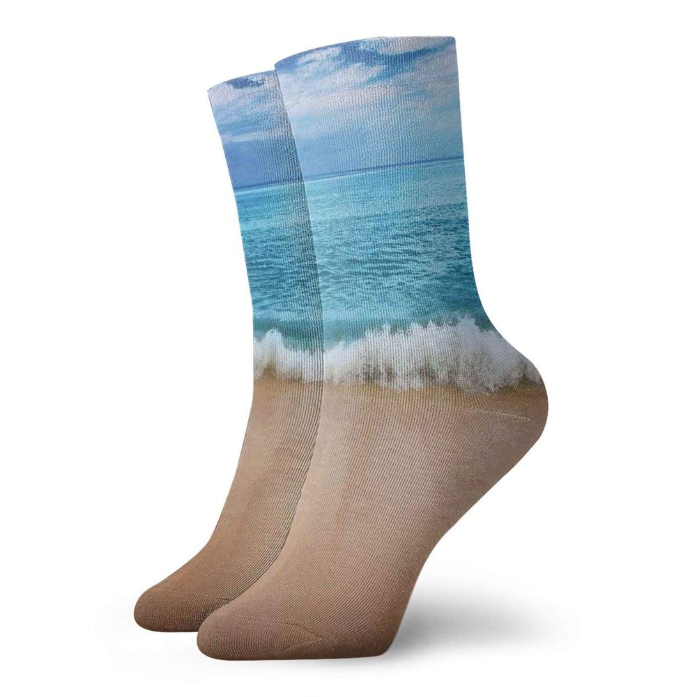 GULTMEE Ocean Funky Colorful Cushion Sport Socks,Andaman Islands Calm Serene Sea Soft,Athletic Cushioned Running Performance Crew Socks For Men/Women,Pale Brown Aqua Blue -12 inch