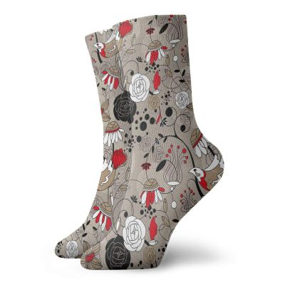 GULTMEE Floral Funky Colorful Cushion Sport Socks,Flowers Birds Seasonal Flourishing Nature In,Athletic Cushioned Running Performance Crew Socks For Men/Women,Taupe Red White -12 inch