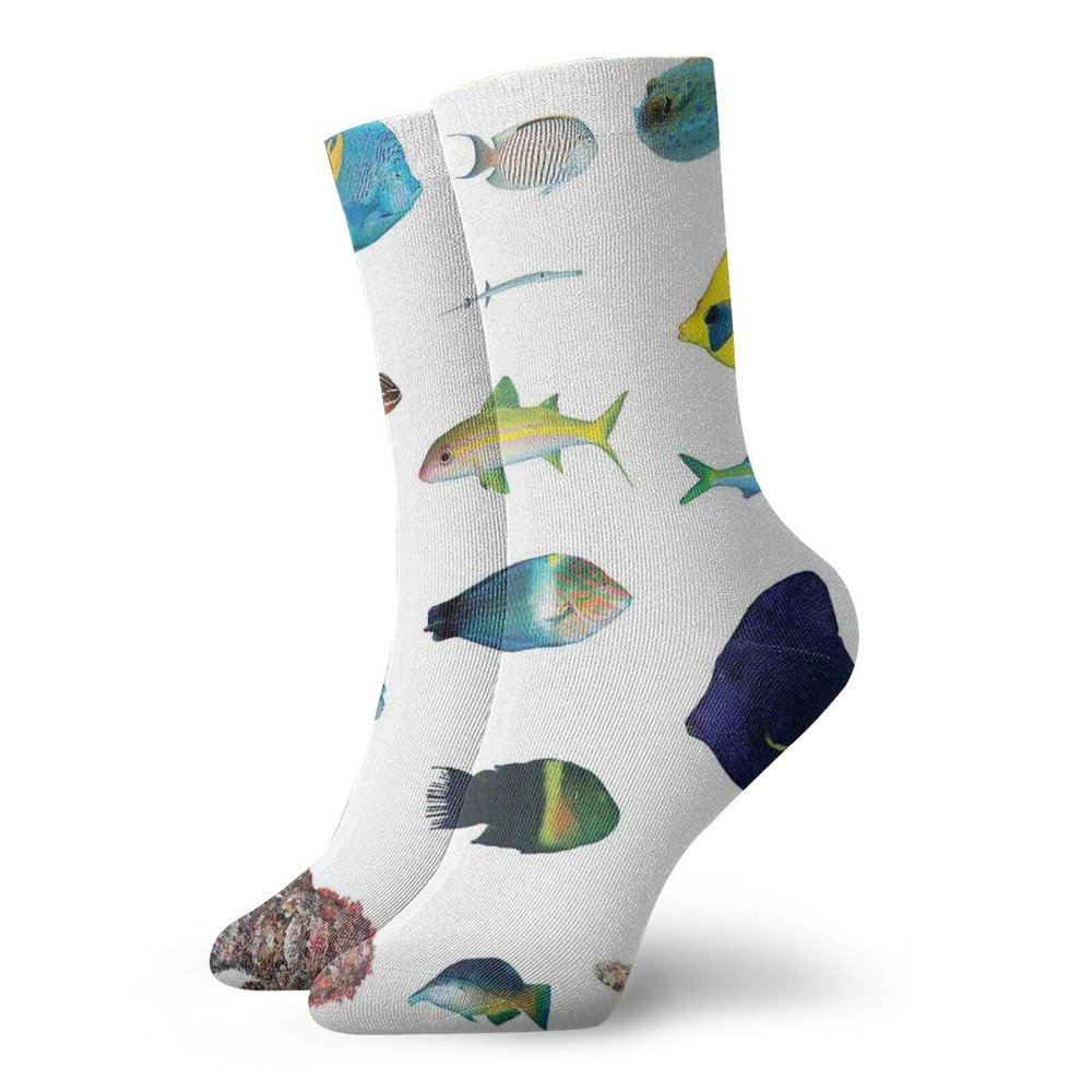 GULTMEE Funky Colorful Cushion Sport Socks,Marine Life Creatures With Cardinalfish Clownfish Stingray Exotic Fauna Sea Theme,Athletic Cushioned Running Performance Crew Socks For Men/Women, -12 inch