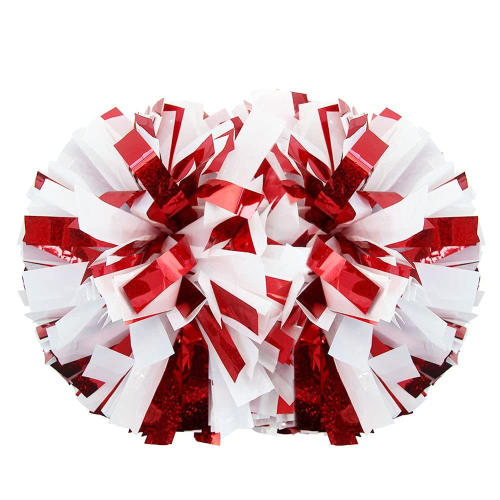 Hooshing 2PCS Red and White Pom Poms Cheerleading Holographic Spot Cheer Pompoms with Baton Handle for Team Spirit Sports Dance Cheering Kids Adults