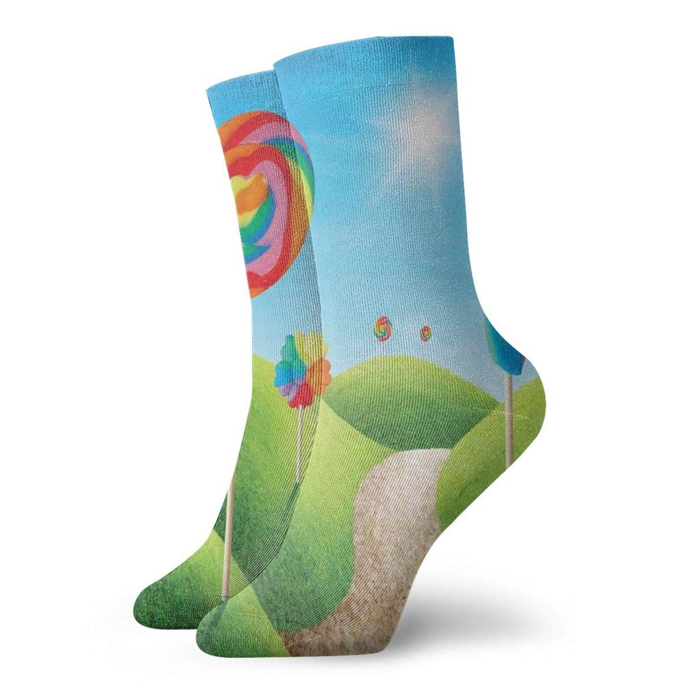 Fantasy Funny Compression Socks Women and Men,Fantasy Candy Land with Delicious Lollipops and Sweets Sun Cheerful Fun Print,Best for Circulation,Running,Athletic,Nurse,Travel,Green Blue Red -12 inch