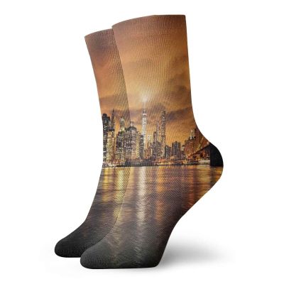 GULTMEE Funky Colorful Cushion Sport Socks,Manhattan At Sunset New York From Brooklyn Reflections Seaport Scenery Print,Athletic Cushioned Running Performance Crew Socks For Men/Women, -12 inch