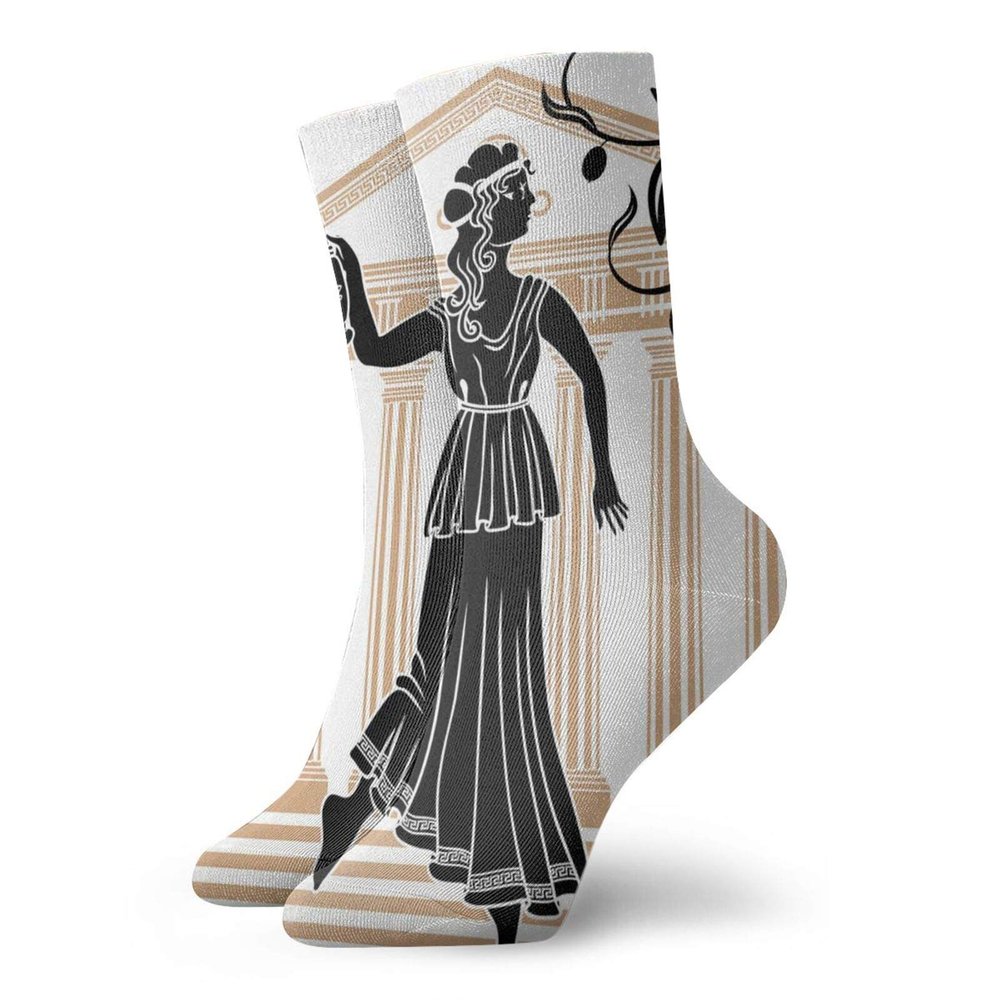GULTMEE Funny Compression Socks Women and Men,Greek Woman With Amphora Building And Olive Branches Culture Folk Pattern,Best for Circulation,Running,Athletic,Nurse,Travel, -12 inch