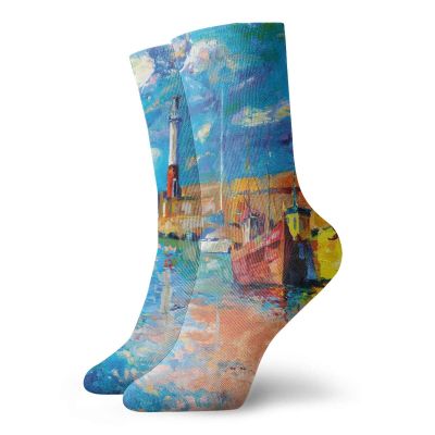 Funky Colorful Cushion Sport Socks,Oil Painting Tones Style Lighthouse And Boats On Sea Shore Town Coastal Charm Picture,Athletic Cushioned Running Performance Crew Socks For Men/Women, -12 inch