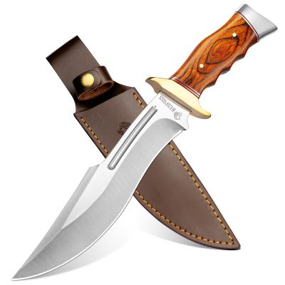 NedFoss SA78 fixed blade knife, 12 Inch Wood Handle Bowie Hunting Knife with Leather Sheath for Camping Hiking Survival Bushcraft, Hunting Gifts for Men Birthday Valentine's Day Christmas