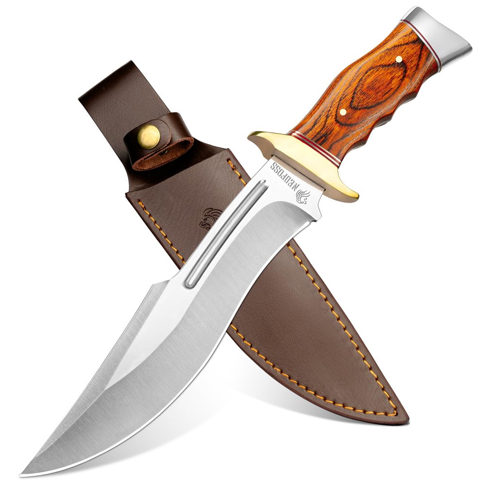NedFoss SA78 fixed blade knife, 12 Inch Wood Handle Bowie Hunting Knife with Leather Sheath for Camping Hiking Survival Bushcraft, Hunting Gifts for Men Birthday Valentine's Day Christmas