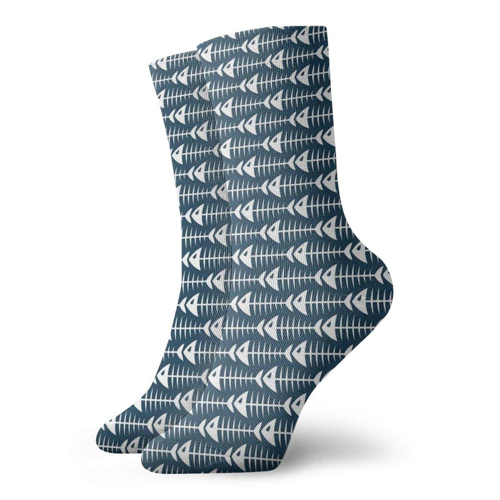 GULTMEE Animal Fashion Compression Socks,Fish Bone Skeleton With Spines Sea Underwater Illustration,Performance Polyester Cushioned Athletic Crew Socks for Running,Athletic,Petrol Blue White -12 inch