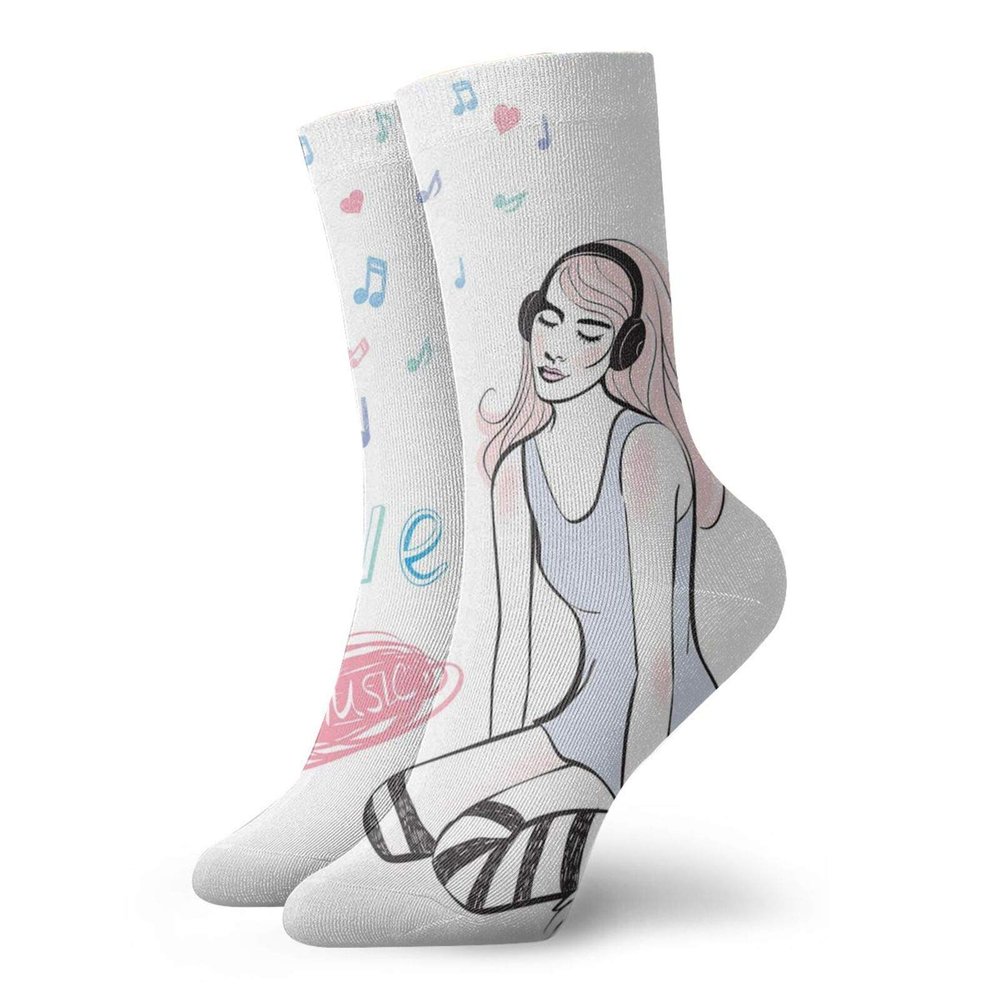 GULTMEE Music Fashion Compression Socks,Pretty Young Girl With Headphones Love,Performance Polyester Cushioned Athletic Crew Socks for Running,Athletic,Multicolor -12 inch