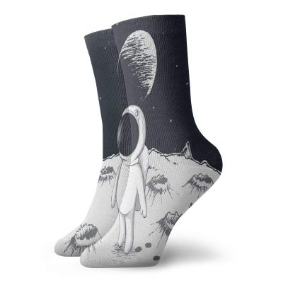 GULTMEE Astronaut Fashion Compression Socks,Cute Astronaut Walking On The Moon,Performance Polyester Cushioned Athletic Crew Socks for Running,Athletic,Black White -12 inch