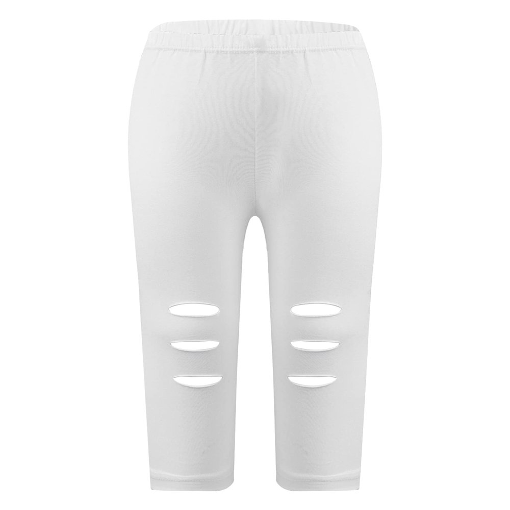 easyforever Kids Girls Dance Gymnastics Stretchy Ripped Knee Crop Leggings Pants Workout Trousers Tights White 2-3