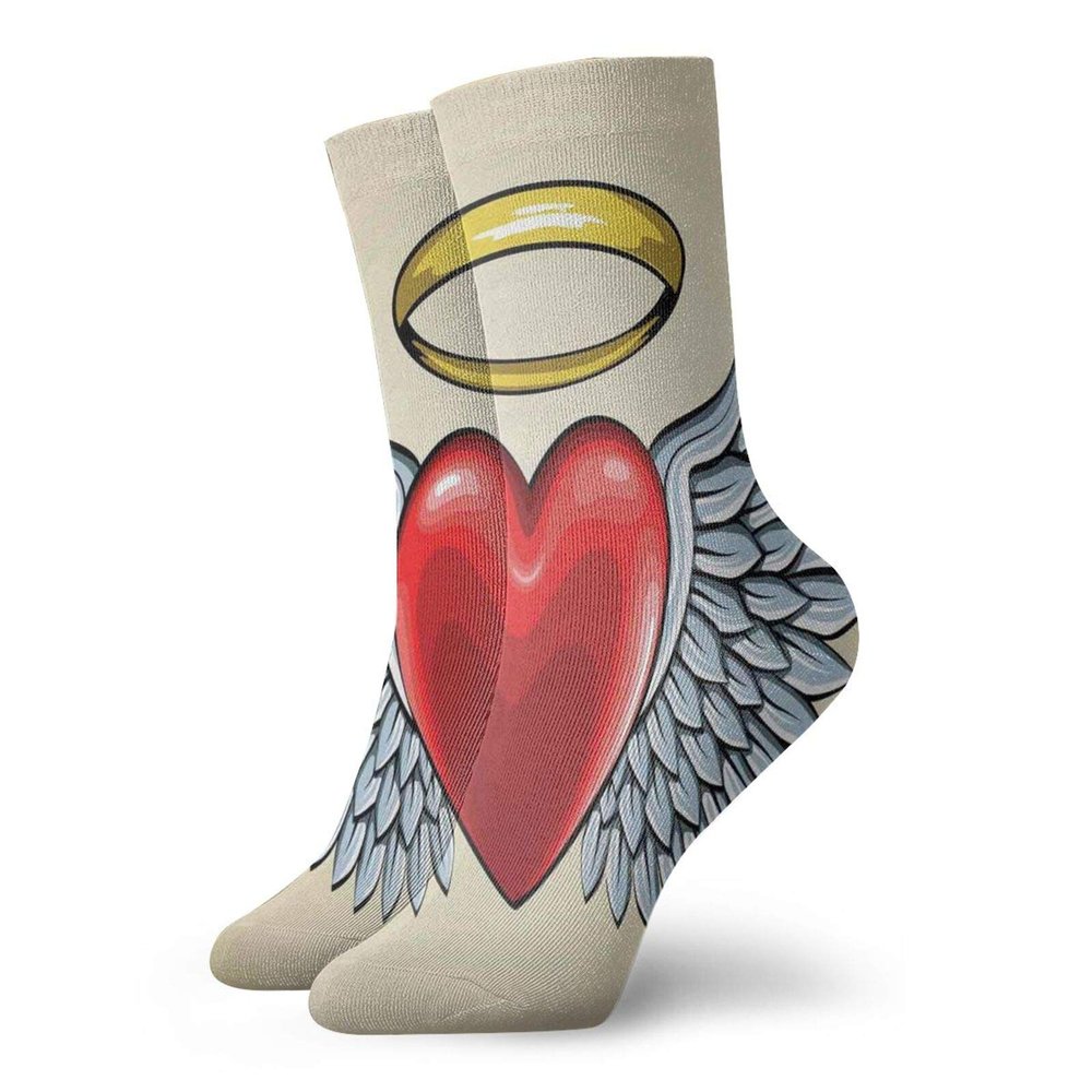 Angel Wings Funky Colorful Cushion Sport Socks,Valentines Day With A Heart Sacred Love Romance,Athletic Cushioned Running Performance Crew Socks For Men/Women,Pale Azure Blue Scarlet Beige -12 inch