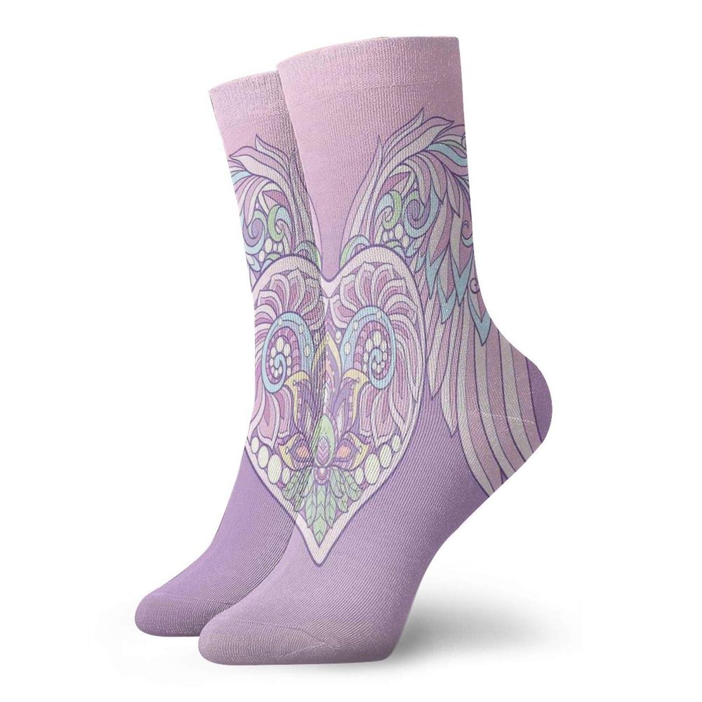 GULTMEE Angel Wings Fashion Compression Socks,Ornamental Heart With Feather Wings Boho,Performance Polyester Cushioned Athletic Crew Socks for Running,Athletic,Lavender Baby Pink -12 inch